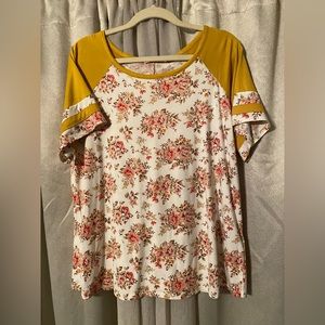 Mustard yellow and rose tee.